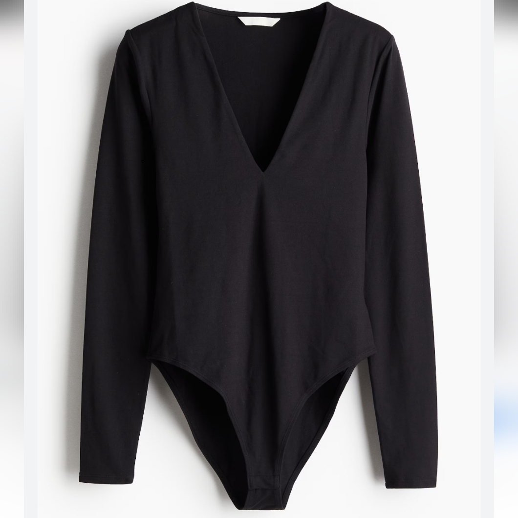 H&M Jersey Black Long Sleeve V-Neck Full Bottom Bodysuit Nwt
